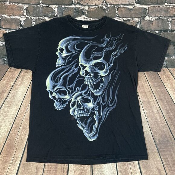 Vintage Y2K Flaming Skulls Horror Grunge Large Black Short Sleeve T-Shirt - Picture 2 of 8